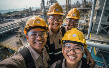 A group of petroleum engineers on offshore platform taking a selfie. Generative AI - obrazy, fototapety, plakaty