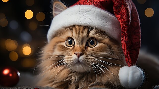 Photo of cat with Christmas hat. Generated with AI.