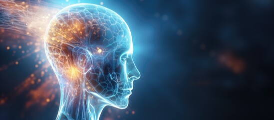 Fototapeta premium Blue futuristic illustration of a transparent head with a brain representing medicine science and technology