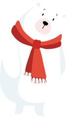 ute wild animal. Hand drawn white polar bear wearing red scarf. Isolated vector illustration in flat style for winter greeting card, invitation. North Pole, wild arctic animal icon. Zoo design element
