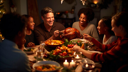 Capture the warmth and tradition of a Thanksgiving feast, focusing on a beautifully set dining table adorned with a bountiful harvest of seasonal fruits, vegetables, and a succulent turkey