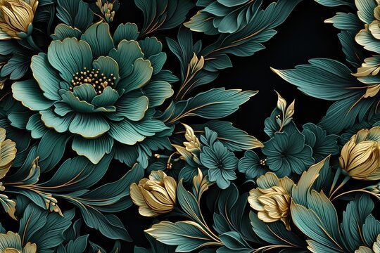 Fototapeta seamless green floral pattern set Modern exotic design for paper, cover, fabric, interior decor and other users. Wallpaper, wrapping paper design, textile, scrapbooking, Generative ai