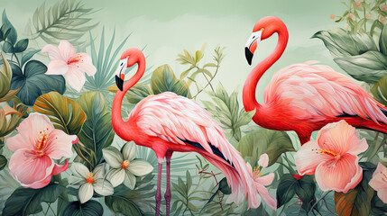 Naklejka premium llustration of tropical wallpaper design with exotic leaves and flowers. Hummingbird and flamingos. Paper texture background. Seamless texture.
