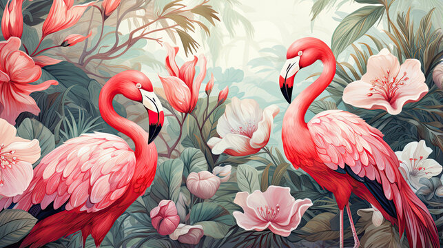 llustration of tropical wallpaper design with exotic leaves and flowers. Hummingbird and flamingos. Paper texture background. Seamless texture. © Ziyan Yang