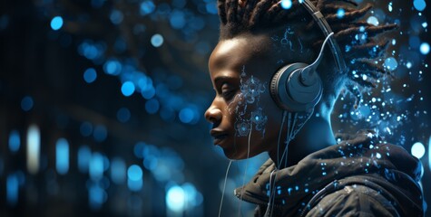 A person using a digital device surrounded by data. Generative AI.