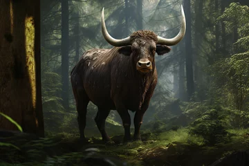 Gordijnen Image of a bull in the forest. Wildlife Animals. Illustration, Generative AI. © yod67