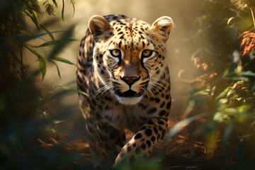 Image of a leopard in the forest. Wildlife Animals. Illustration, Generative AI.