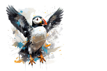 Image of beautiful watercolor painting of puffin bird flying., Birds, Wildlife Animals, Illustration, Generative AI.