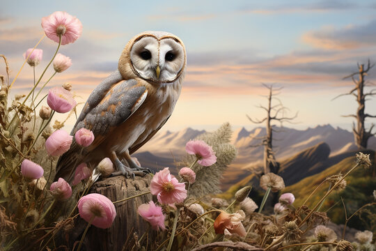 Image of a barn owl surrounded by beautiful flowers. Birds, Illustration, Generative AI.