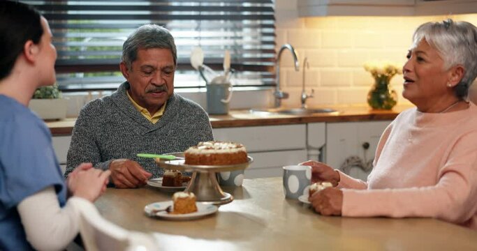 Food, Group Of People Praying In Nursing Home And Holding Hands For Gratitude, Blessing And Thanks. Cake, Prayer Of Mature Man And Woman With Caregiver Eating Breakfast Together In Retirement House