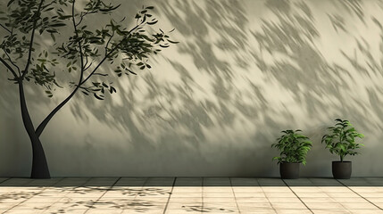 Shadows of leaves, plants on the wall and sidewalk. Tree silhouettes. Street, outdoor, nature. Olive green. Background for design. 3d rendering. Space for product, object. Show, display, podium.