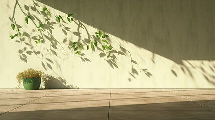 Shadows of leaves, plants on the wall and sidewalk. Tree silhouettes. Street, outdoor, nature. Olive green. Background for design. 3d rendering. Space for product, object. Show, display, podium.