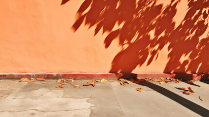 Tree shadow on terracotta red brown orange house wall and sidewalk. Exterior street outdoor. Background. Space for product design object. Moskup stage template presentation. Plant leaves nature.