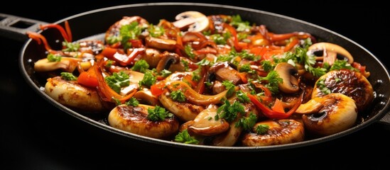 Cook garlic onions and mushrooms on a black plate against a white background