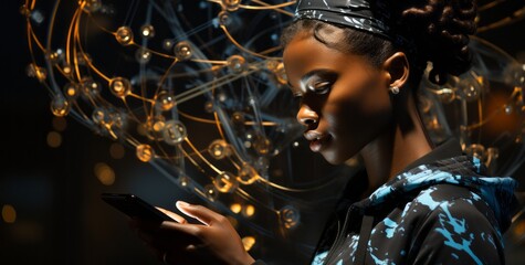 A person using a digital device surrounded by data. Generative AI.