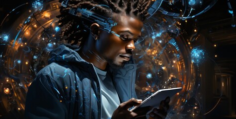 A person using a digital device surrounded by data. Generative AI. 