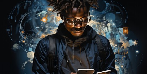 A person using a digital device surrounded by data. Generative AI.