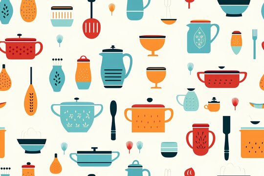 kitchen tools on white background illustration seamless pattern images. playful cartoon style flat design. generative AI