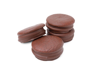 Many tasty choco pies isolated on white