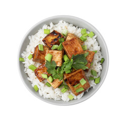 Bowl of rice with fried tofu and greens isolated on white, top view