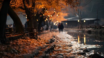People Walking Down A Street During Fall With The Leaves Falling