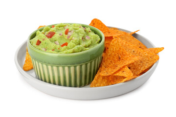 Bowl of delicious guacamole and nachos chips isolated on white
