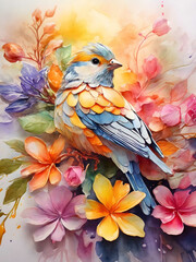 Watercolor painting with dripping and spreading paint. Bird, flowers and plants, cutting and combining petals and leaves, bright colors and nature.Generative Ai.