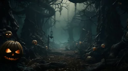 Haunted forest with eerie fog, scattered carved pumpkins © Abdul
