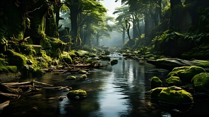 A River Running Through A Lush Forest