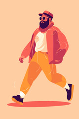 Vector illustration of a hipster man with a beard and mustache in a red jacket and sunglasses runs on a pink background.