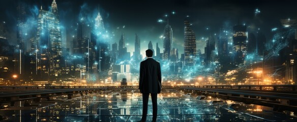A business man in a smart city, with data connections all around. Generative AI. 