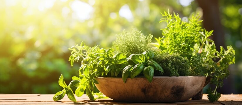 Image of fresh herbs in wooden olive mortar with sunny garden backdrop