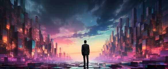 A business man in a smart city, with data connections all around. Generative AI. 