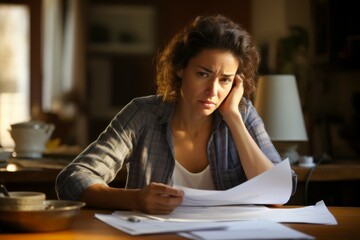 Sad woman with unpaid bills. Debt concept. Background with selective focus and copy space