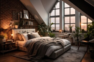 Interior of a cozy modern and contemporary bedroom with plenty of natural light entering from the big windows