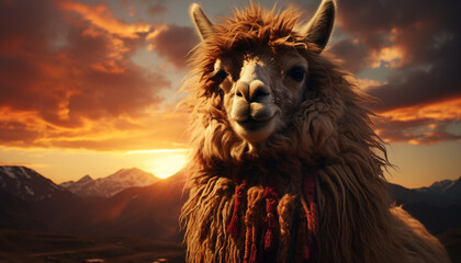 Alpaca grazing on mountain meadow, nature beauty in woolly portrait generated by AI