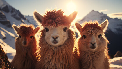 Fototapeta premium A fluffy alpaca smiles, looking at camera in the meadow generated by AI