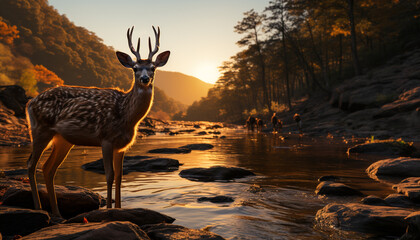 A majestic stag stands in the tranquil wilderness at sunset generated by AI