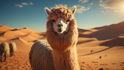 Obraz premium A camel portrait in the arid desert at sunset generated by AI