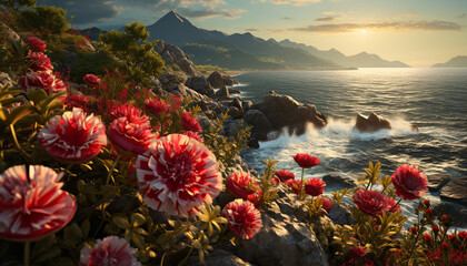 A serene summer landscape: green mountains, blue water, colorful flowers generated by AI