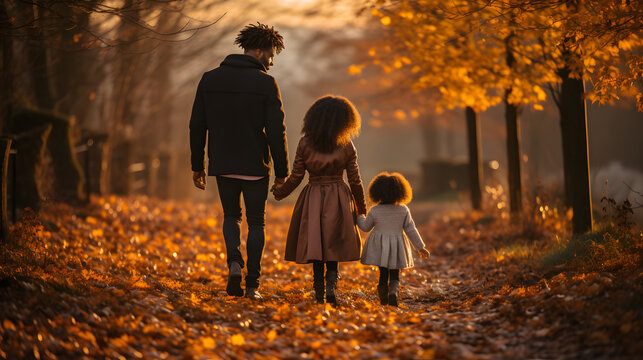 Black Family Walking In The Park Autumn Leaves On The Ground And Trees
