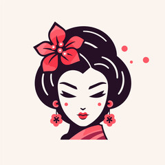Asian Japanese Fashion girl with red flowers in her hair. Vector illustration.
