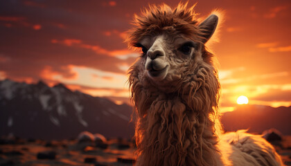 Obraz premium Alpaca grazing on a farm, bathed in sunset golden sunlight generated by AI