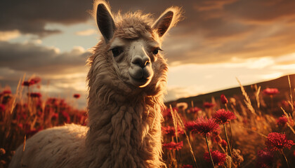 Cute alpaca grazing on a meadow, smiling at the camera generated by AI