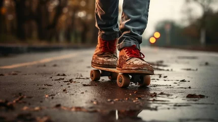 Poster Crop kid in sneakers riding shabby skateboard on asphalt path  © Abdul
