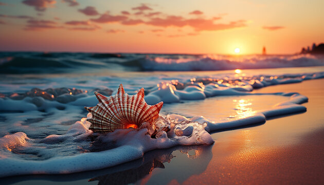 Nature beauty in sunset, sand, water, and tranquil seascape reflection generated by AI