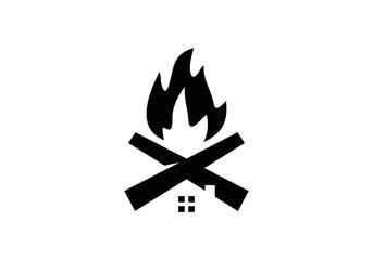 simple camping logo design, campfire with home vector icon illustration.