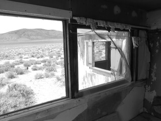 B W Looking out Window at Aguereberry Camp, Abandoned Miner's Cabin
