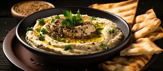 Traditional Middle Eastern breakfast featuring hummus foul white cheese and zaatar viewed from above with room for text