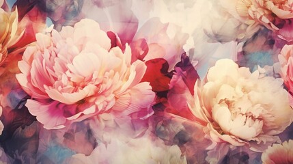 Vintage watercolor floral pattern with colorful peonies; Double Exposure